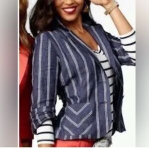 CABI Women's Blue/ Grey Striped 2 Button Blazer 100% Linen